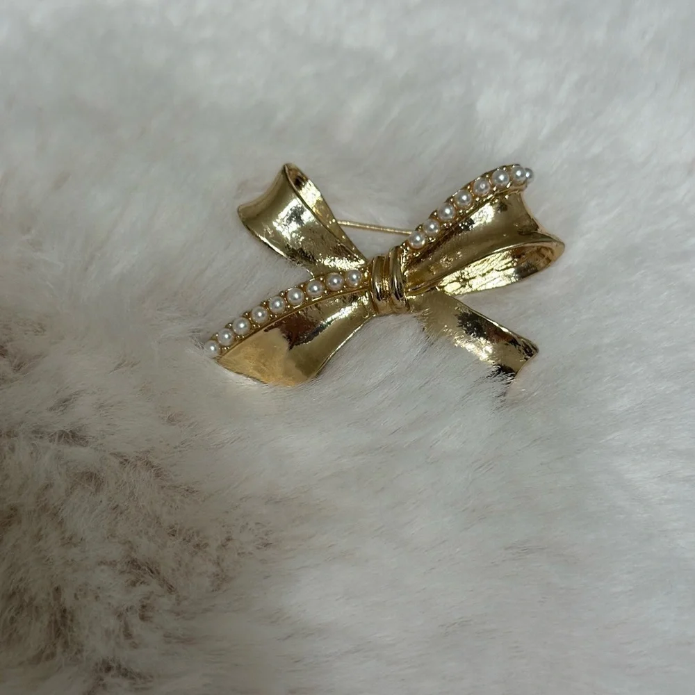 Gold Bow Brooch with Pearl Accents